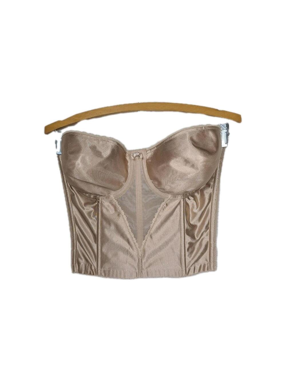 1980s Satin Bustier Bra 36D Taupe Strapless Lady Marlene Lingerie Longline Pinup